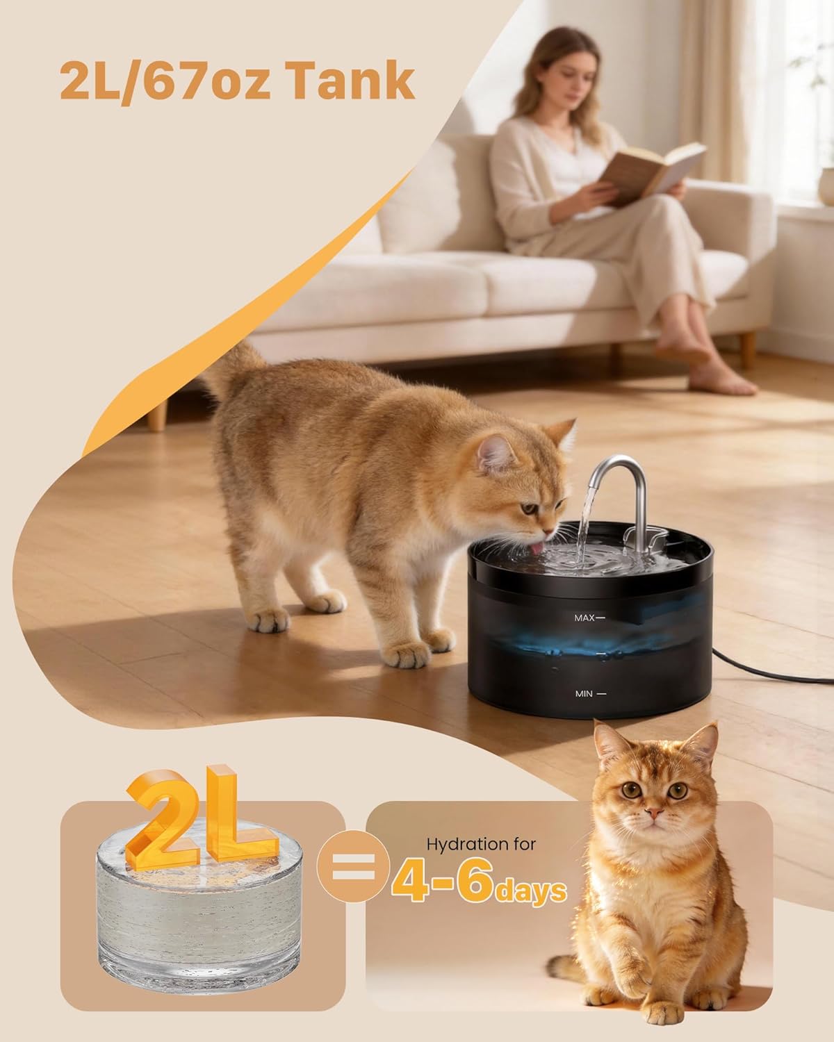 Cat Water Fountain Pet Fountain: 67oz/2L Cat Water Dispenser - Black Pet Dispenser - Faucet Dog Bowl - with 6 Filters + 3 Sponges - GIOTOHUN