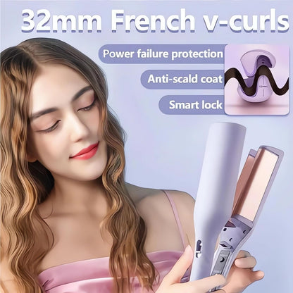 French Wave Curling Iron - 2024 New Wave Curling Iron for Long Short Hair with 4 Temp, S Shape Hair Curler for Women, Portable Electric Curling Heated Styling Comb Anti-Scald 15s Fast Heating (Pink)