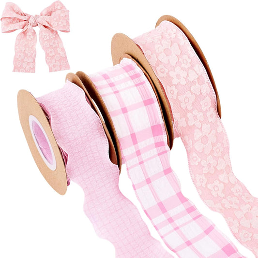 3 Rolls Floral Ruffled Ribbons 1-5/8 Pink Plaid Checkered Ribbon Rustic Farmhouse Pastel Polyester Gingham Plated Trim for Big Bow Wedding Gift Wrapping Flower Bouquets Wreath Party Decor 29.52 Yards