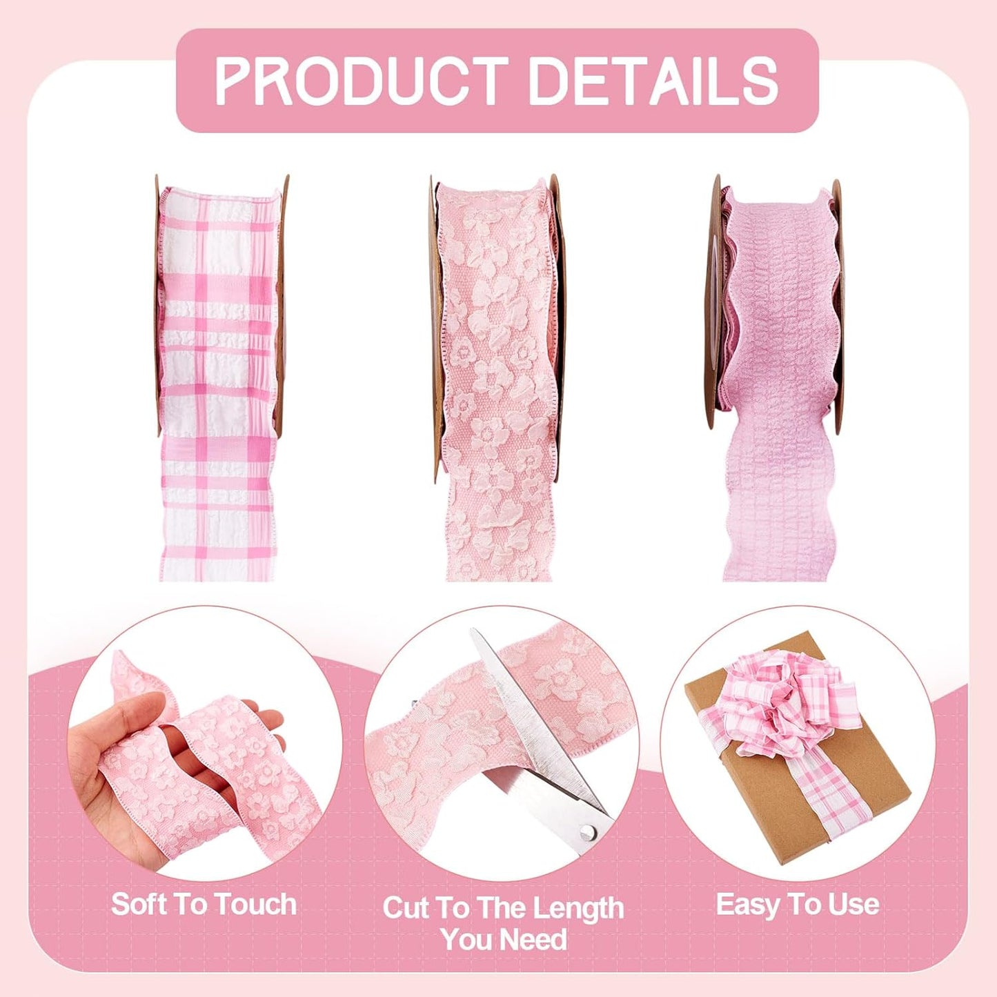3 Rolls Floral Ruffled Ribbons 1-5/8 Pink Plaid Checkered Ribbon Rustic Farmhouse Pastel Polyester Gingham Plated Trim for Big Bow Wedding Gift Wrapping Flower Bouquets Wreath Party Decor 29.52 Yards