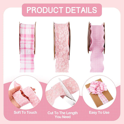 3 Rolls Floral Ruffled Ribbons 1-5/8 Pink Plaid Checkered Ribbon Rustic Farmhouse Pastel Polyester Gingham Plated Trim for Big Bow Wedding Gift Wrapping Flower Bouquets Wreath Party Decor 29.52 Yards