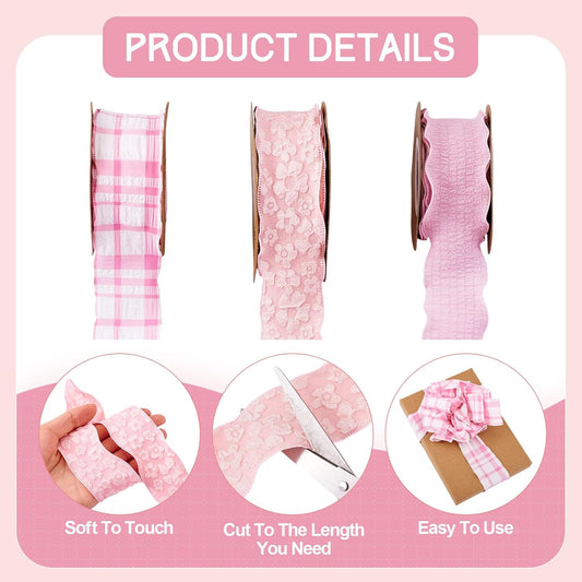 3 Rolls Floral Ruffled Ribbons 1-5/8 Pink Plaid Checkered Ribbon Rustic Farmhouse Pastel Polyester Gingham Plated Trim for Big Bow Wedding Gift Wrapping Flower Bouquets Wreath Party Decor 29.52 Yards