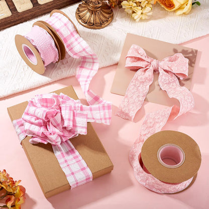 3 Rolls Floral Ruffled Ribbons 1-5/8 Pink Plaid Checkered Ribbon Rustic Farmhouse Pastel Polyester Gingham Plated Trim for Big Bow Wedding Gift Wrapping Flower Bouquets Wreath Party Decor 29.52 Yards