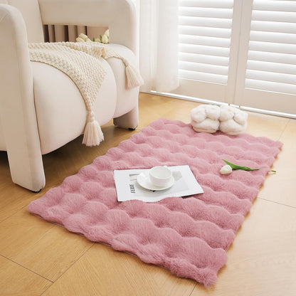 Uhomy Soft Area Rug, 2x3 Machine Washable Faux Rabbit Fur Rug, Pink Non Slip Fluffy Rug for Bed, Dorm Bedside, Shaggy and Fuzzy Nursery Rugs Rectangle