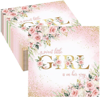 80 Pcs Girl Baby Shower Party Paper Napkins Pink Floral Disposable Napkins Sweet Baby A Sweet Little Girl is on Her Way Party Supplies Table Decorations for Girls