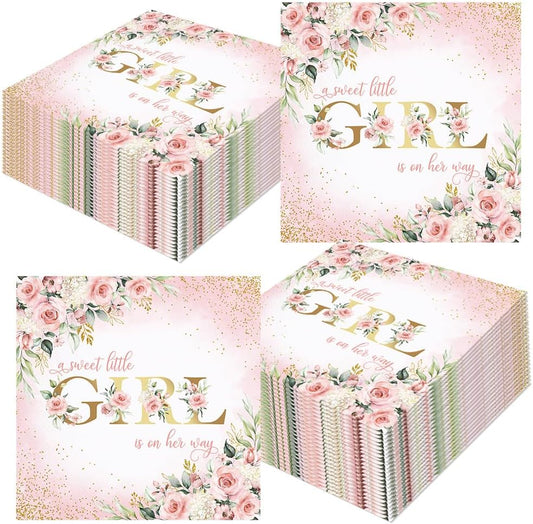 80 Pcs Girl Baby Shower Party Paper Napkins Pink Floral Disposable Napkins Sweet Baby A Sweet Little Girl is on Her Way Party Supplies Table Decorations for Girls