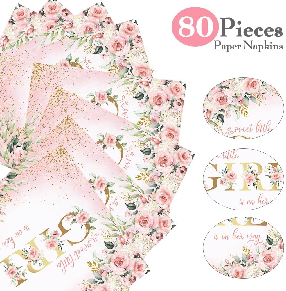 80 Pcs Girl Baby Shower Party Paper Napkins Pink Floral Disposable Napkins Sweet Baby A Sweet Little Girl is on Her Way Party Supplies Table Decorations for Girls
