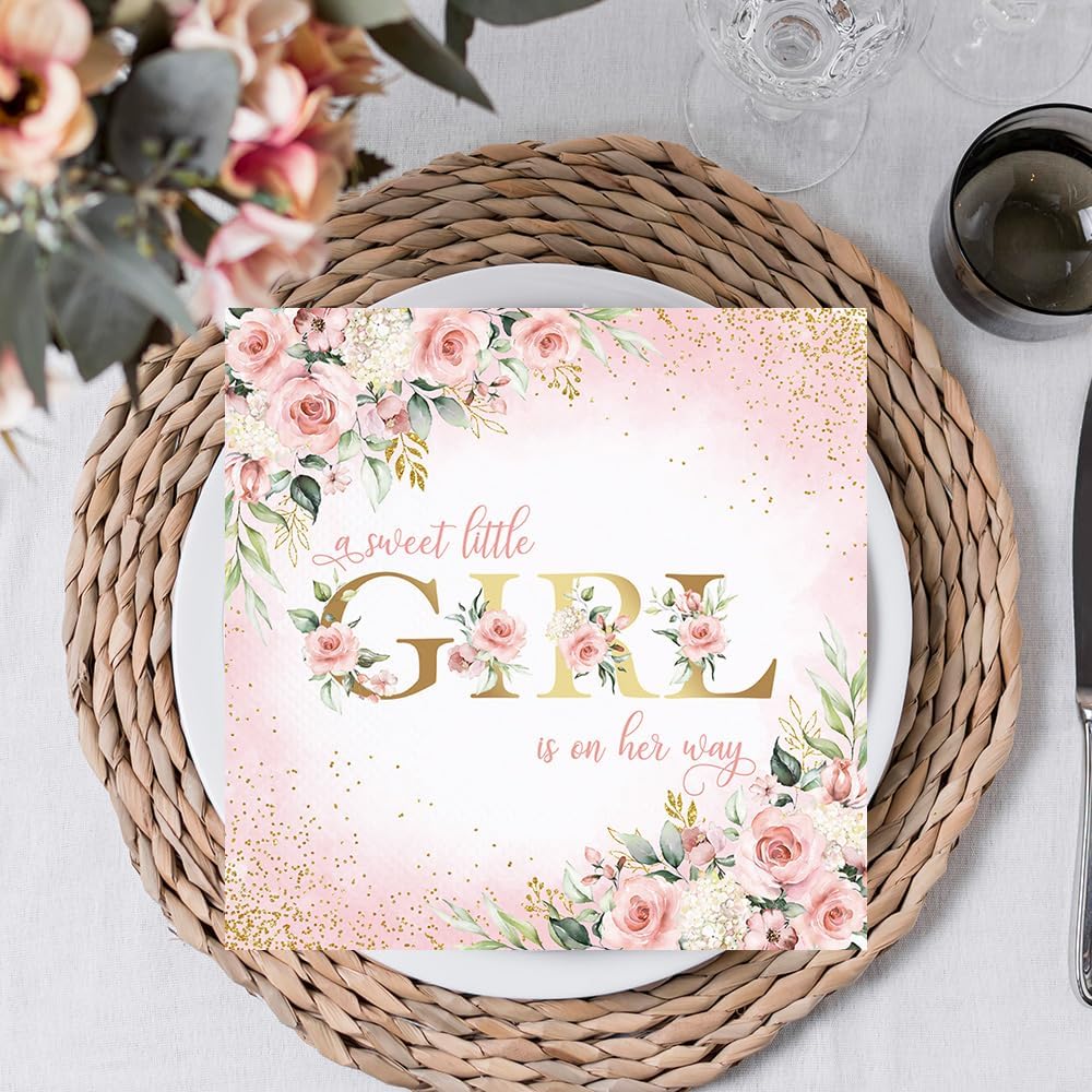 80 Pcs Girl Baby Shower Party Paper Napkins Pink Floral Disposable Napkins Sweet Baby A Sweet Little Girl is on Her Way Party Supplies Table Decorations for Girls