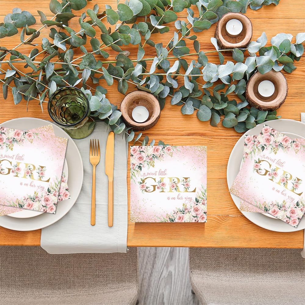 80 Pcs Girl Baby Shower Party Paper Napkins Pink Floral Disposable Napkins Sweet Baby A Sweet Little Girl is on Her Way Party Supplies Table Decorations for Girls