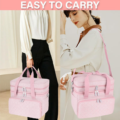 Sewing Box for Sewing Supplies, Double-Layer Organizer Bag with Detachable Pockets & Elastic Loops, Large Portable Sewing Storage Basket for Accessories, Pink