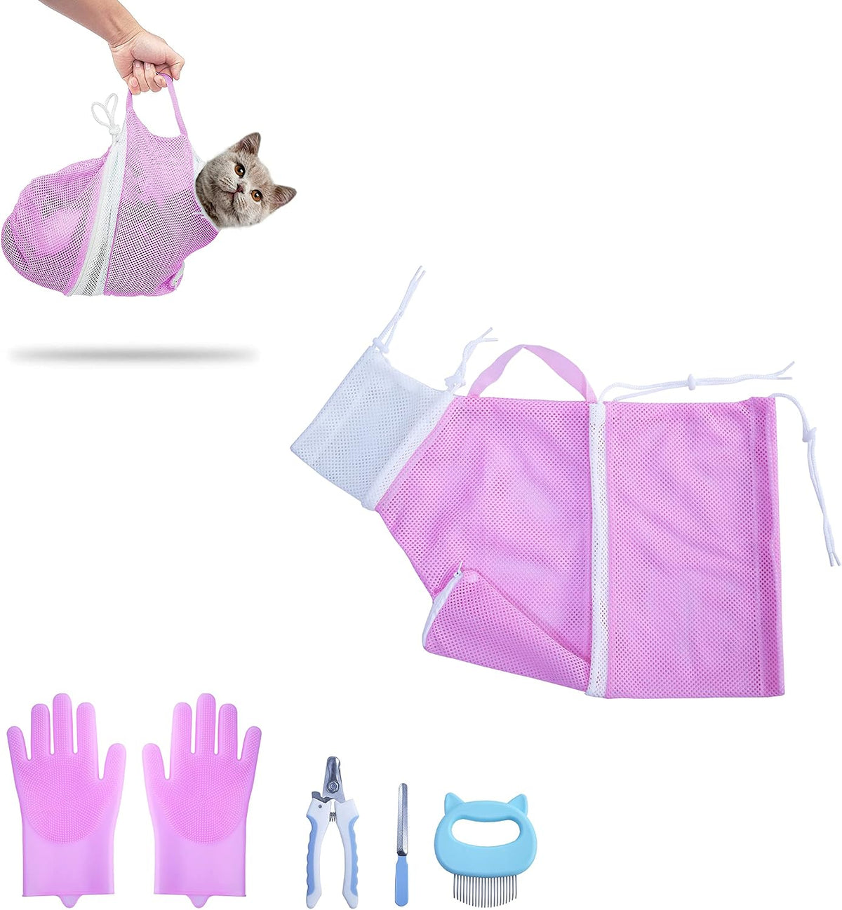 Cat Bathing Bag, Adjustable Anti-bite and Anti-Scratch Cat Shower Mesh Grooming Bag for Pet Dogs and Cats, Includes Pet Nail Clipper, Nail File, Grooming Glove, and Cat Shell Comb