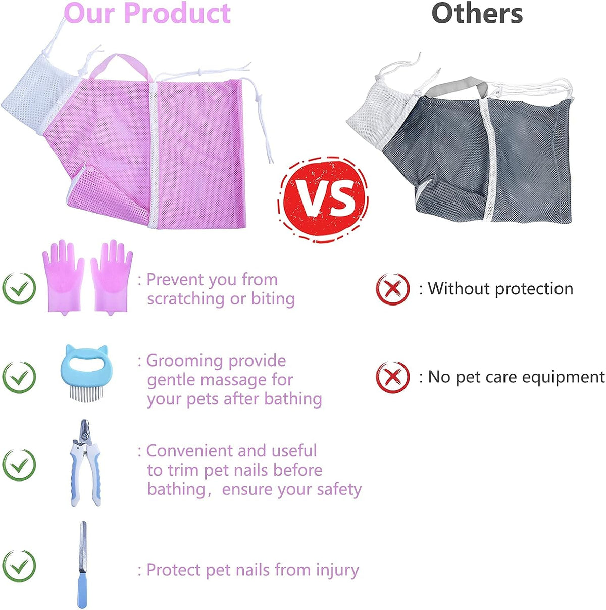 Cat Bathing Bag, Adjustable Anti-bite and Anti-Scratch Cat Shower Mesh Grooming Bag for Pet Dogs and Cats, Includes Pet Nail Clipper, Nail File, Grooming Glove, and Cat Shell Comb