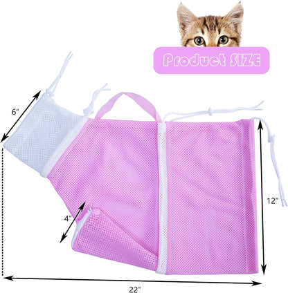 Cat Bathing Bag, Adjustable Anti-bite and Anti-Scratch Cat Shower Mesh Grooming Bag for Pet Dogs and Cats, Includes Pet Nail Clipper, Nail File, Grooming Glove, and Cat Shell Comb