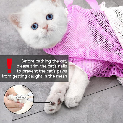 Cat Bathing Bag, Adjustable Anti-bite and Anti-Scratch Cat Shower Mesh Grooming Bag for Pet Dogs and Cats, Includes Pet Nail Clipper, Nail File, Grooming Glove, and Cat Shell Comb