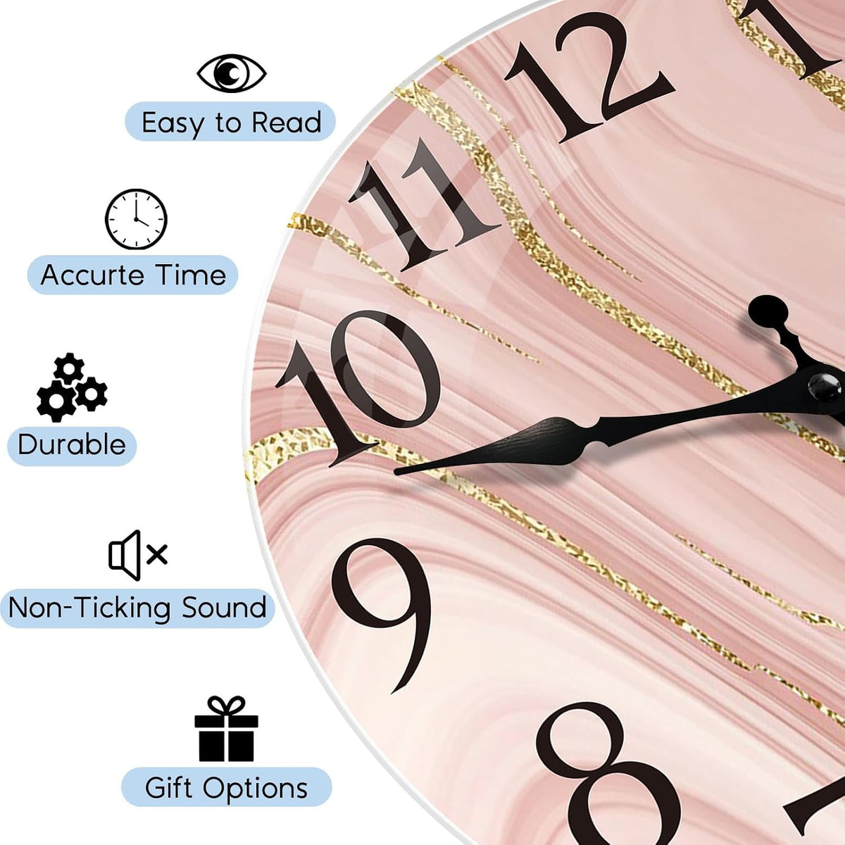 Wall Clock Silent Non-Ticking Glass Outdoor Waterproof 12", Pink