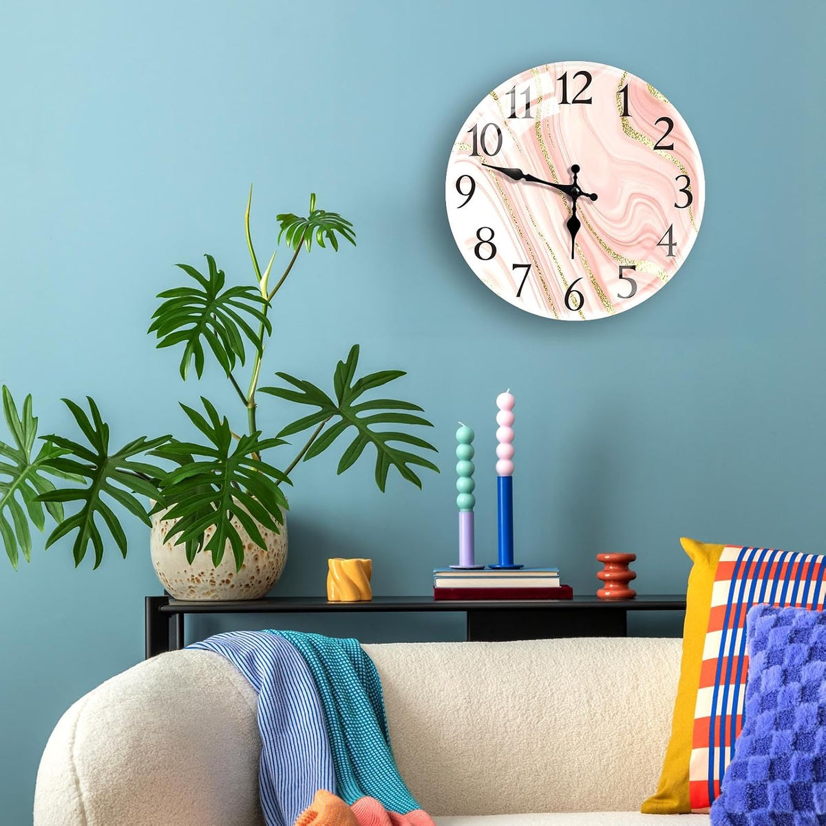 Wall Clock Silent Non-Ticking Glass Outdoor Waterproof 12", Pink