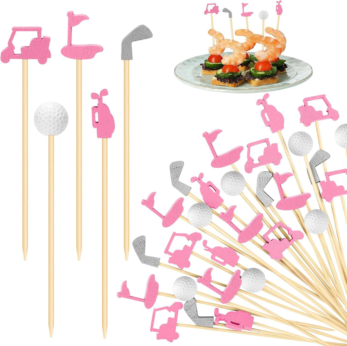 200 Pieces Golf Cocktail Picks for Appetizers 4.7 Inch Golf Themed Decorative End Fruit Toothpicks Skewers Bamboo Cocktail Picks for Sports Catered Events Buffet Party Supplies, Pink