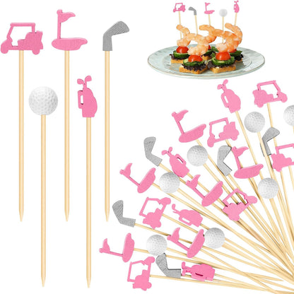 200 Pieces Golf Cocktail Picks for Appetizers 4.7 Inch Golf Themed Decorative End Fruit Toothpicks Skewers Bamboo Cocktail Picks for Sports Catered Events Buffet Party Supplies, Pink