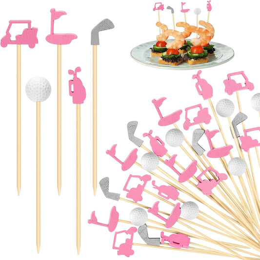 200 Pieces Golf Cocktail Picks for Appetizers 4.7 Inch Golf Themed Decorative End Fruit Toothpicks Skewers Bamboo Cocktail Picks for Sports Catered Events Buffet Party Supplies, Pink