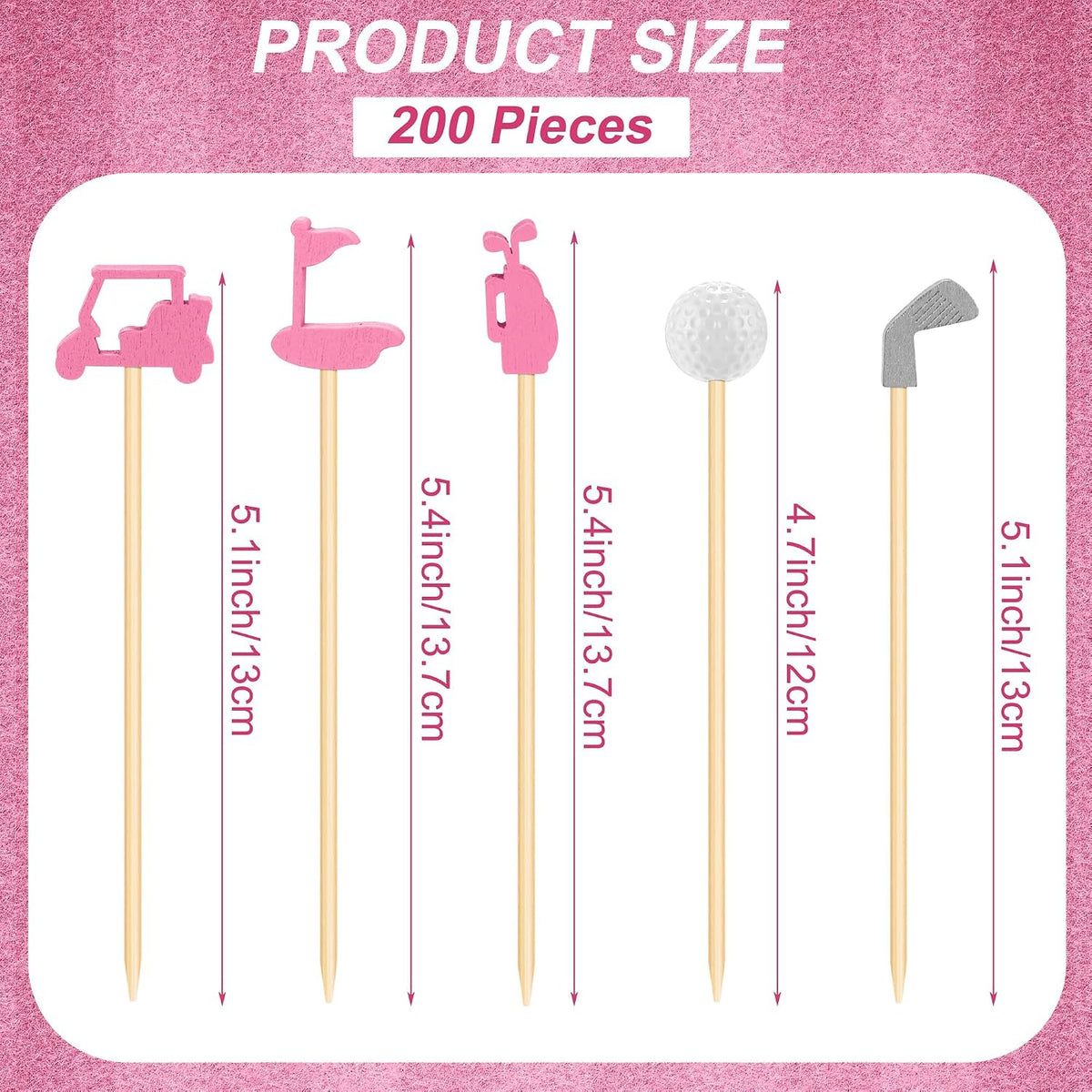 200 Pieces Golf Cocktail Picks for Appetizers 4.7 Inch Golf Themed Decorative End Fruit Toothpicks Skewers Bamboo Cocktail Picks for Sports Catered Events Buffet Party Supplies, Pink
