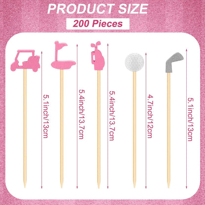 200 Pieces Golf Cocktail Picks for Appetizers 4.7 Inch Golf Themed Decorative End Fruit Toothpicks Skewers Bamboo Cocktail Picks for Sports Catered Events Buffet Party Supplies, Pink