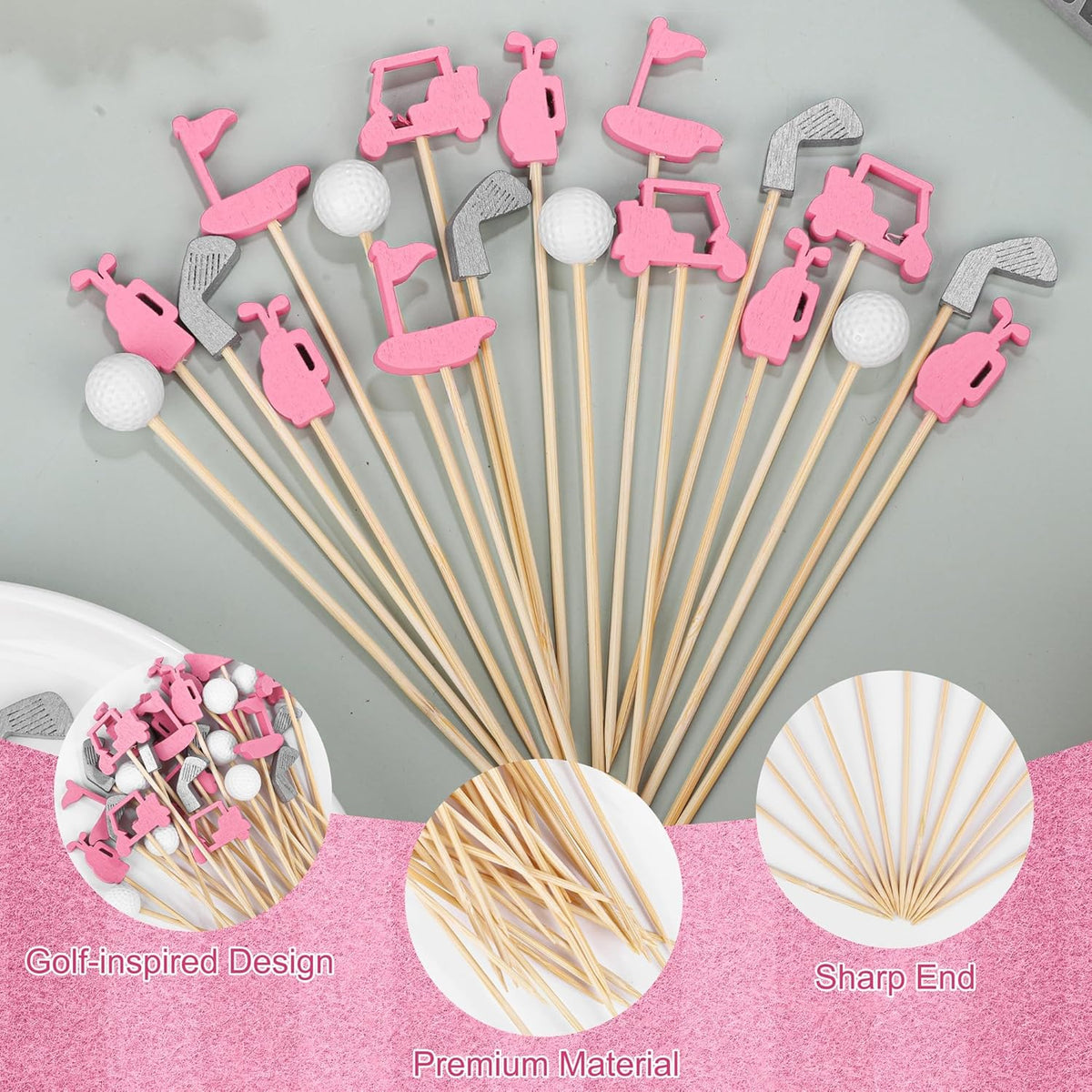 200 Pieces Golf Cocktail Picks for Appetizers 4.7 Inch Golf Themed Decorative End Fruit Toothpicks Skewers Bamboo Cocktail Picks for Sports Catered Events Buffet Party Supplies, Pink