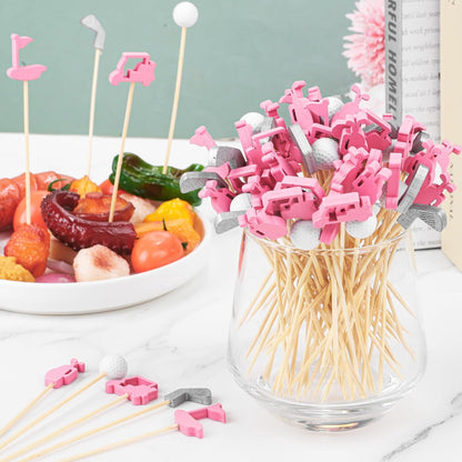 200 Pieces Golf Cocktail Picks for Appetizers 4.7 Inch Golf Themed Decorative End Fruit Toothpicks Skewers Bamboo Cocktail Picks for Sports Catered Events Buffet Party Supplies, Pink