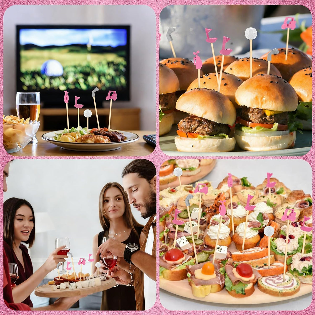 200 Pieces Golf Cocktail Picks for Appetizers 4.7 Inch Golf Themed Decorative End Fruit Toothpicks Skewers Bamboo Cocktail Picks for Sports Catered Events Buffet Party Supplies, Pink