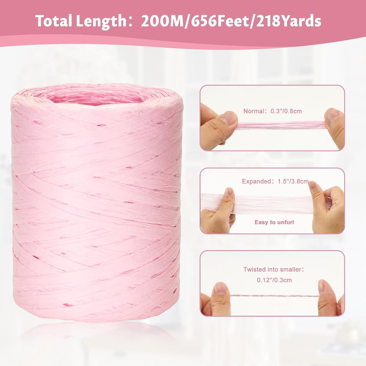 Raffia Ribbon,218 Yards Pink Raffia Paper Craft Ribbon