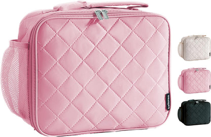 Insulated Lunch Bag - Quilted Lunch Box for Women with Sturdy Handle, Spacious Capacity Lunch Tote with Aluminum Foil Lining 6 Hour Insulation, Easy to Clean Lunch Box, Pink