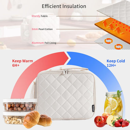 Insulated Lunch Bag - Quilted Lunch Box for Women with Sturdy Handle, Spacious Capacity Lunch Tote with Aluminum Foil Lining 6 Hour Insulation, Easy to Clean Lunch Box, Pink