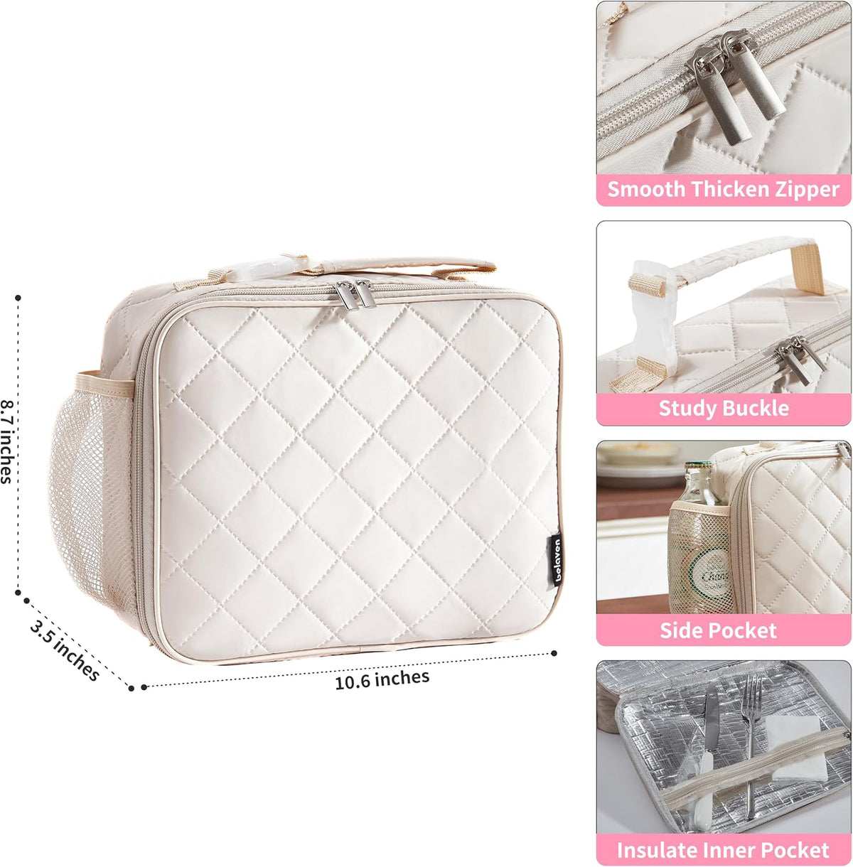 Insulated Lunch Bag - Quilted Lunch Box for Women with Sturdy Handle, Spacious Capacity Lunch Tote with Aluminum Foil Lining 6 Hour Insulation, Easy to Clean Lunch Box, Pink