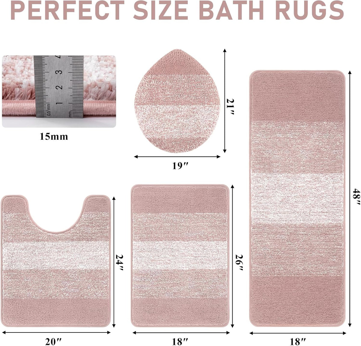 Bathroom Rug Set 4 Piece, Plush Microfiber Bath Mat, Pink