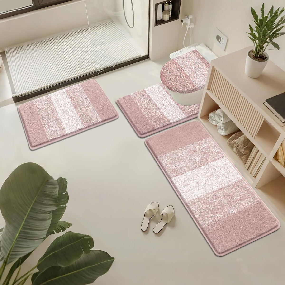 Bathroom Rug Set 4 Piece, Plush Microfiber Bath Mat, Pink