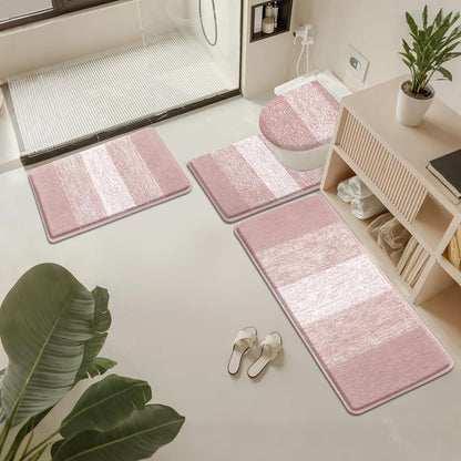 Bathroom Rug Set 4 Piece, Plush Microfiber Bath Mat, Pink