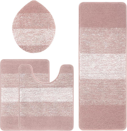 Bathroom Rug Set 4 Piece, Plush Microfiber Bath Mat, Pink