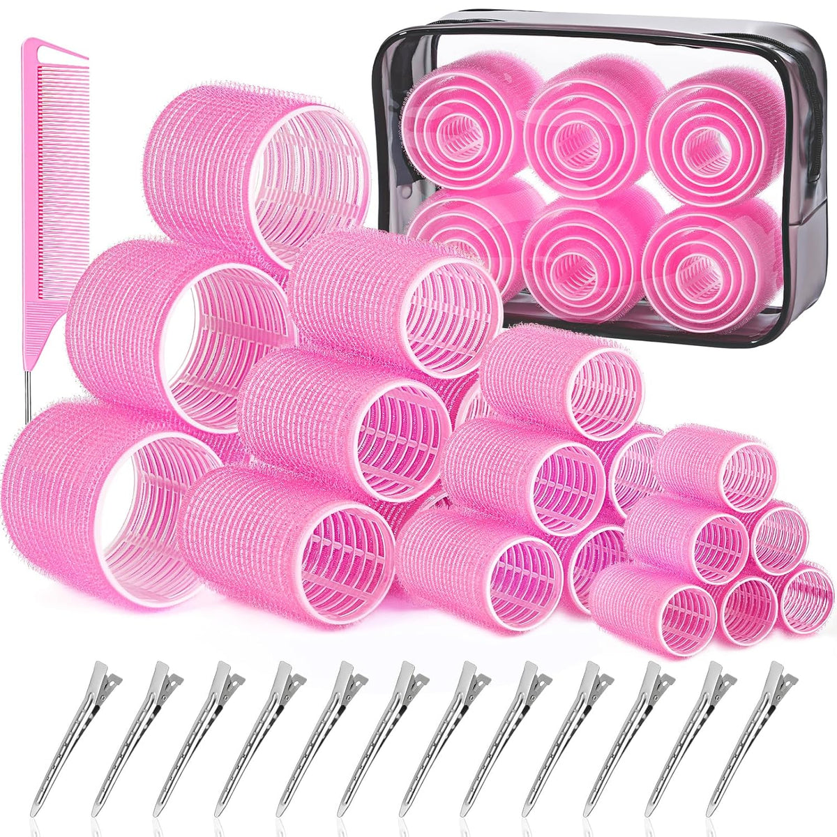 IKOCO Hair Rollers for Women, 4 Sizes with Clips, Comb & Travel Bag, Pink