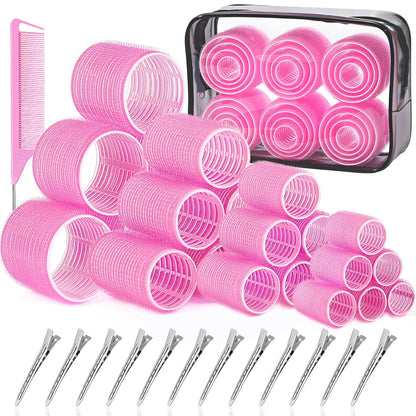 IKOCO Hair Rollers for Women, 4 Sizes with Clips, Comb & Travel Bag, Pink