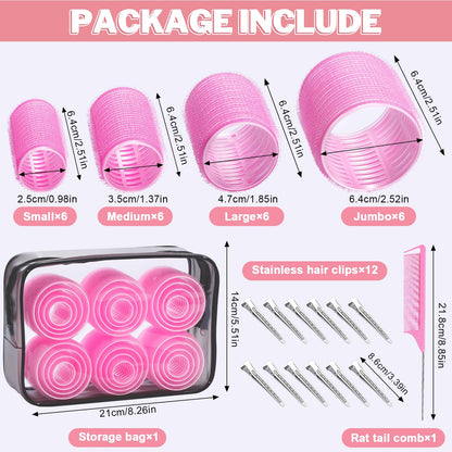 IKOCO Hair Rollers for Women, 4 Sizes with Clips, Comb & Travel Bag, Pink