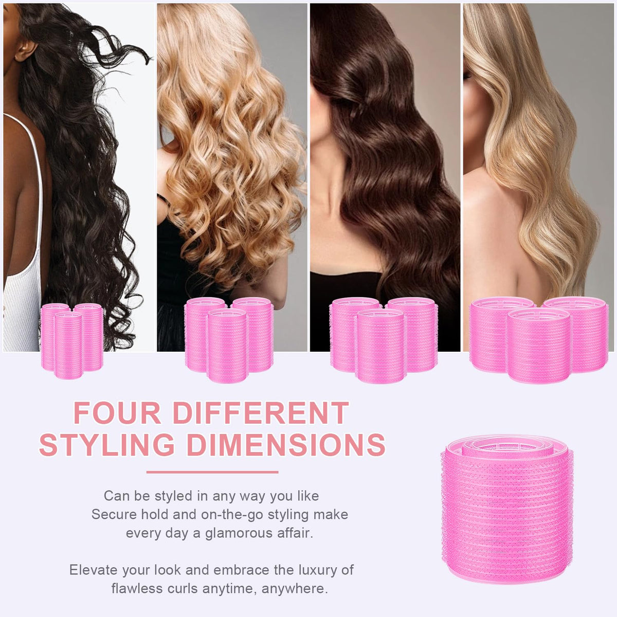 IKOCO Hair Rollers for Women, 4 Sizes with Clips, Comb & Travel Bag, Pink