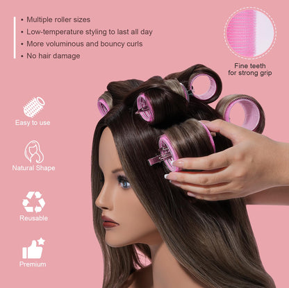 IKOCO Hair Rollers for Women, 4 Sizes with Clips, Comb & Travel Bag, Pink