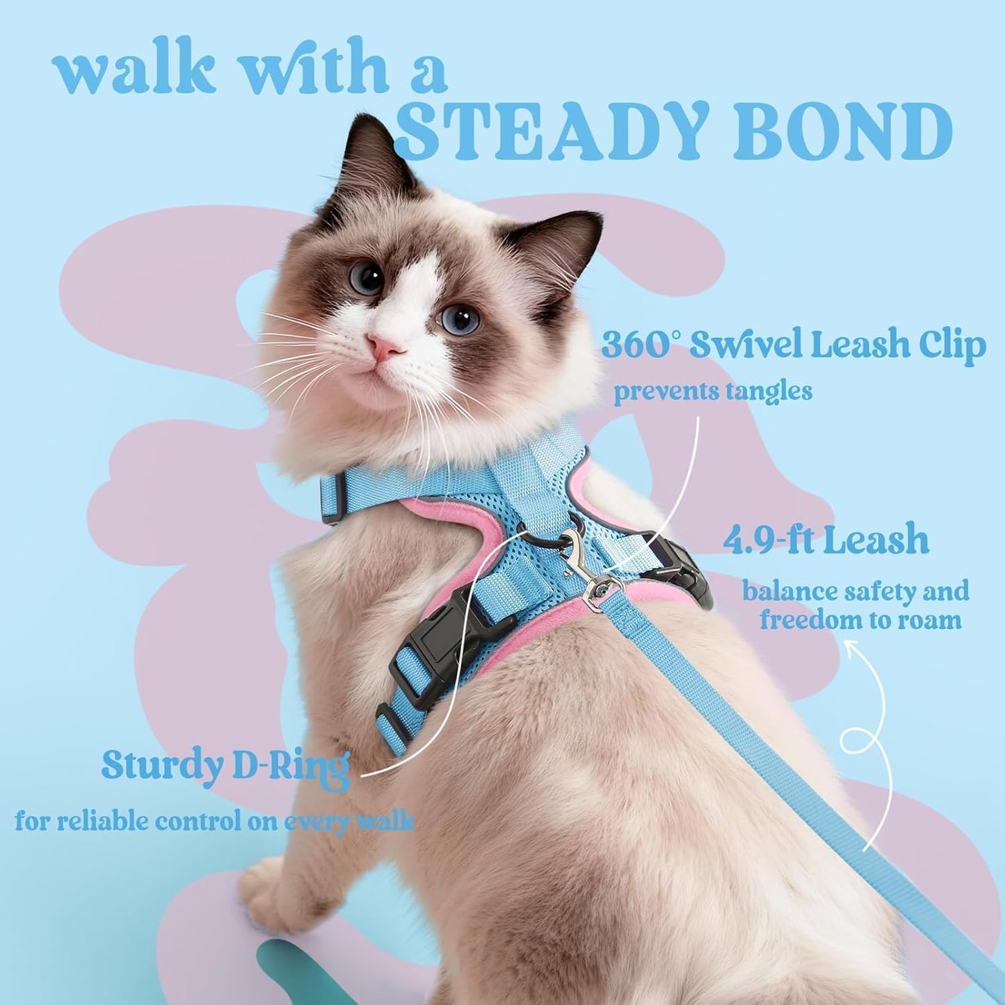 Cat Harness and Leash Set, Escape Proof Vest, Light Blue & Pink | Soft Breathable Mesh, Easy Adjustable Fit, Snap Buckles, Sturdy Clip, Reflective Strips, for Small & Average Cats Walks, Xs