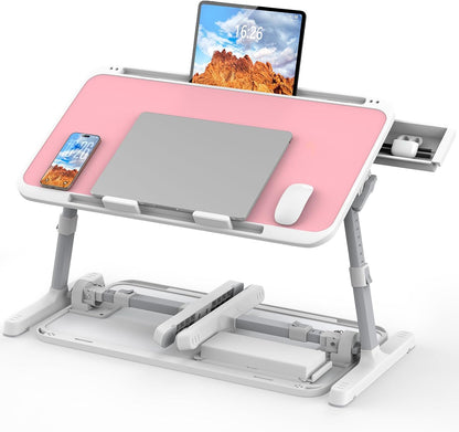 Laptop Bed Tray Table, Adjustable Sturdy Laptop Stand for Bed with Premium Materials, Folding Portable Lap Desk with Drawer for Writing Working Reading Eating Couch Floor (Pink, 22.04"×12.2")