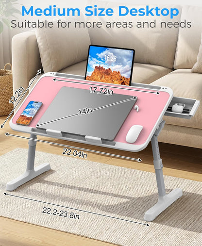 Laptop Bed Tray Table, Adjustable Sturdy Laptop Stand for Bed with Premium Materials, Folding Portable Lap Desk with Drawer for Writing Working Reading Eating Couch Floor (Pink, 22.04"×12.2")