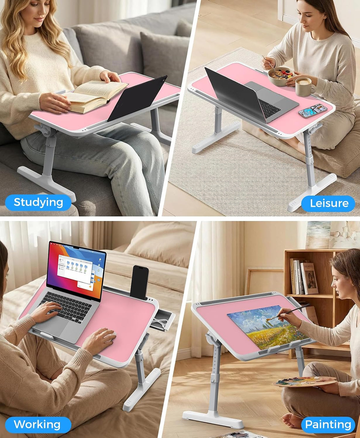 Laptop Bed Tray Table, Adjustable Sturdy Laptop Stand for Bed with Premium Materials, Folding Portable Lap Desk with Drawer for Writing Working Reading Eating Couch Floor (Pink, 22.04"×12.2")