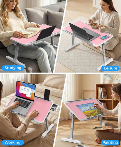Laptop Bed Tray Table, Adjustable Sturdy Laptop Stand for Bed with Premium Materials, Folding Portable Lap Desk with Drawer for Writing Working Reading Eating Couch Floor (Pink, 22.04"×12.2")