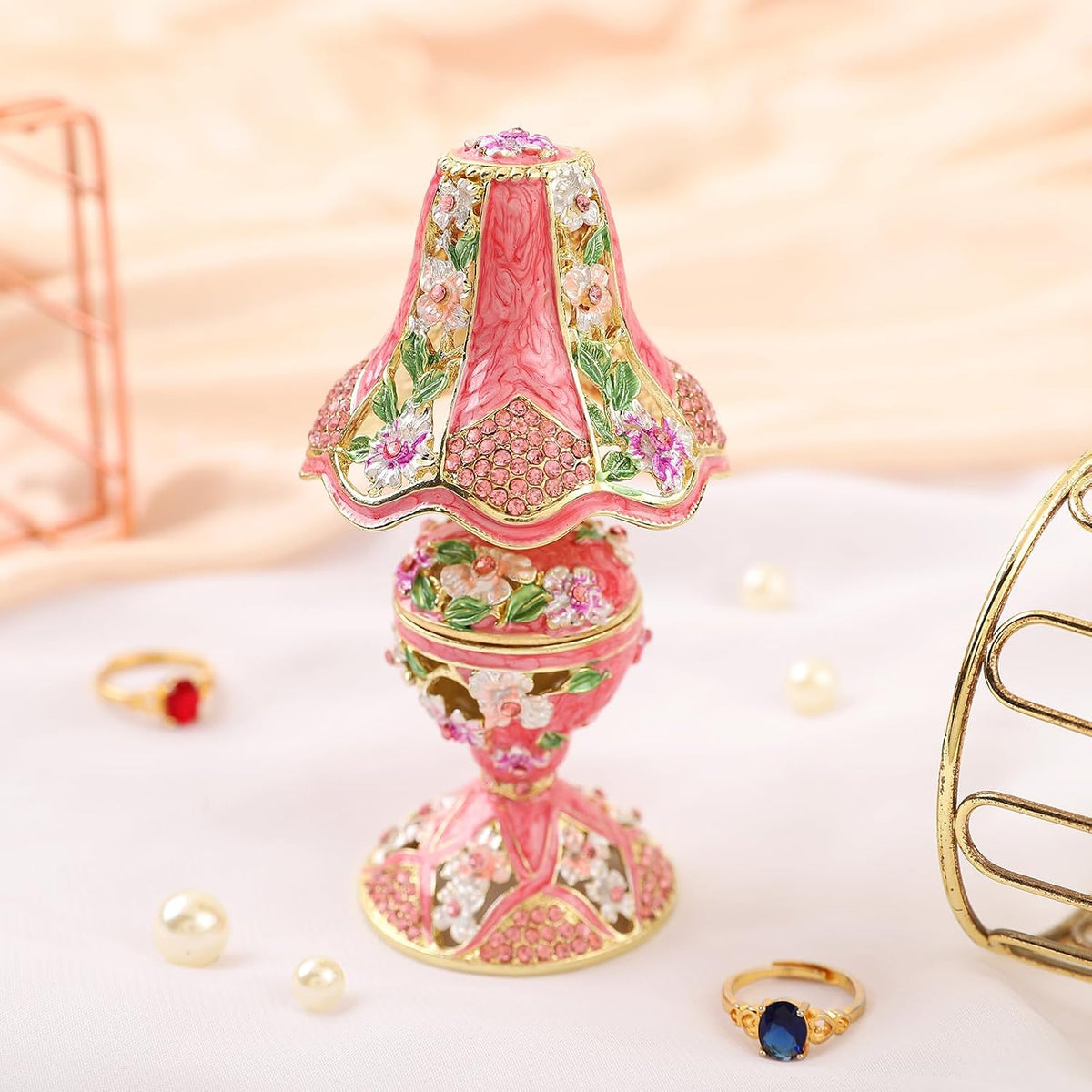 Vintage Pink Table Lamp Style Enamel Tirnke Box, Unique Gift for Family