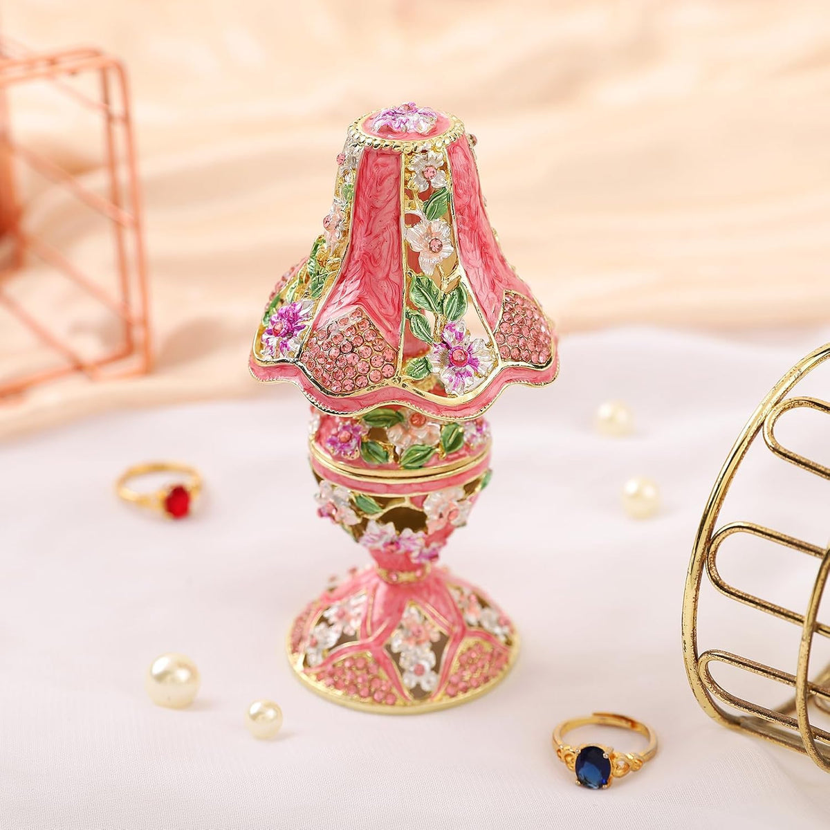 Vintage Pink Table Lamp Style Enamel Tirnke Box, Unique Gift for Family