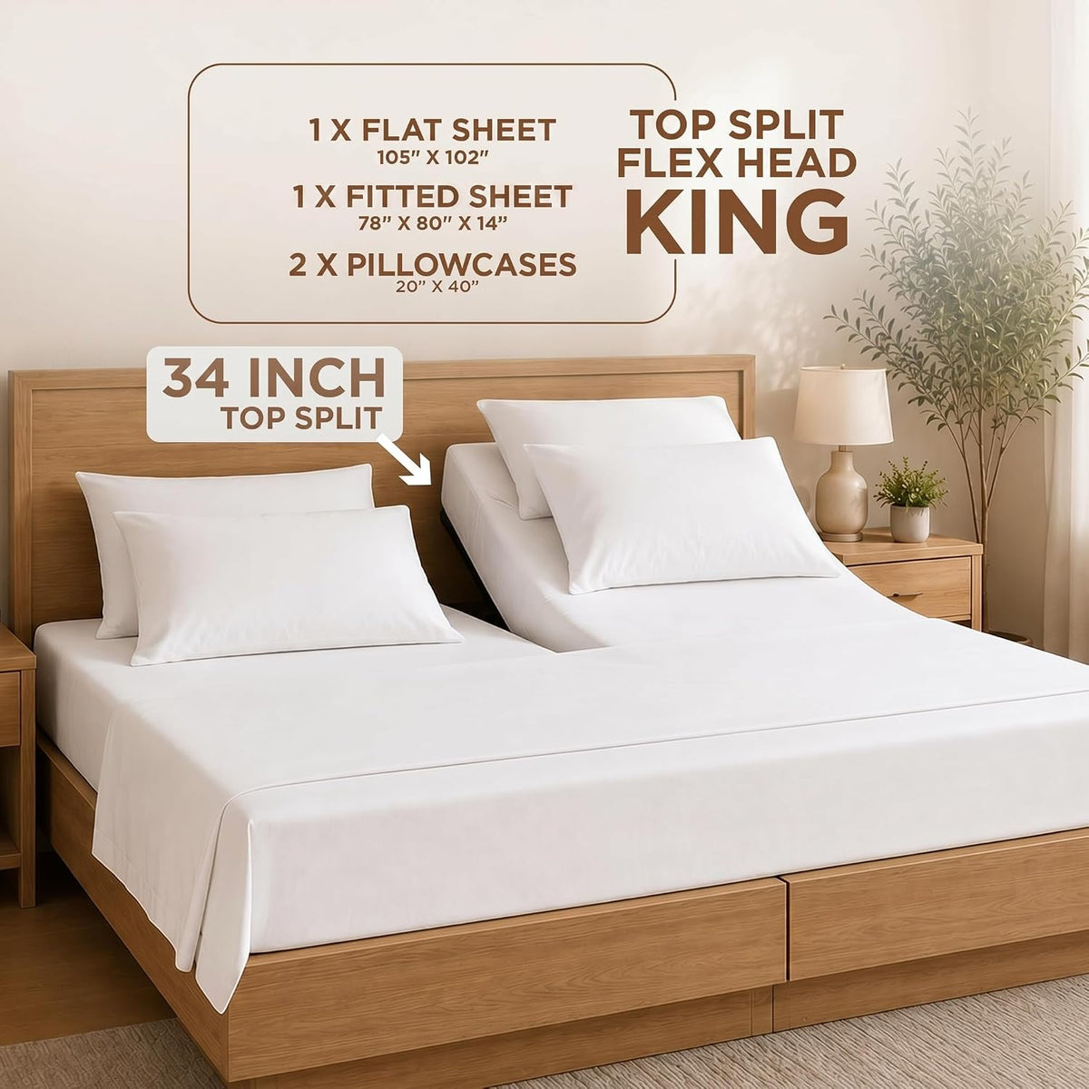 Top Split King Sheets Sets for Adjustable Bed, 4 Pcs Deep Pockets Double Brushed Microfiber Sheets, 34 Inch Split Top Fitted Sheet, 1 King Flat Sheet and 2 Pillowcases - Peach
