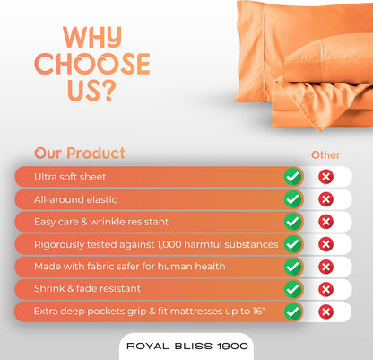 Top Split King Sheets Sets for Adjustable Bed, 4 Pcs Deep Pockets Double Brushed Microfiber Sheets, 34 Inch Split Top Fitted Sheet, 1 King Flat Sheet and 2 Pillowcases - Peach